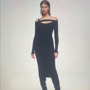 Zara Black Off-Shoulder Long-Sleeve Cutout Midi Dress